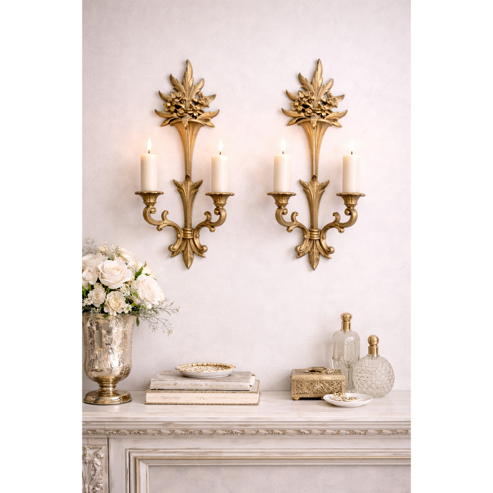 Vintage 1950s Pair of Syroco Wood 2 Arm Wall Sconces Gold Gilt Hollywood Regency